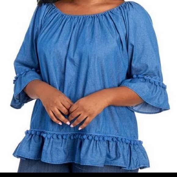 Anthropologie Tops - ANTHROPOLOGIE Hester & Orchard Peasant Style Chambray Pom Pom Top - Medium